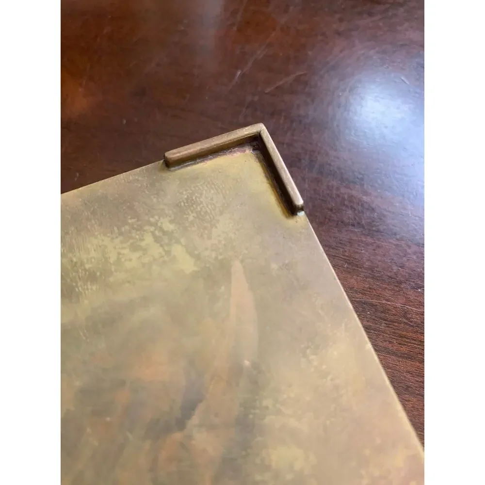 Vintage Mexican Brass Walnut Box | Signed Abalone Inlaid Hinged Trinket Box